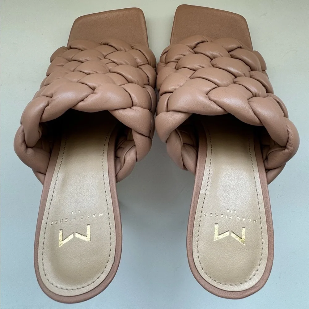NEW MARC FISHER Dakini‎ Square Toe Leather Slide/Sandal, Tan Size 5.5